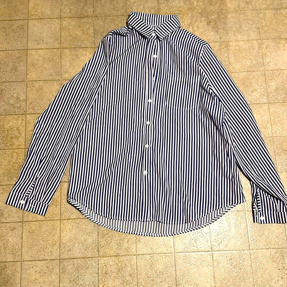 Blue and white striped long sleeve blouse